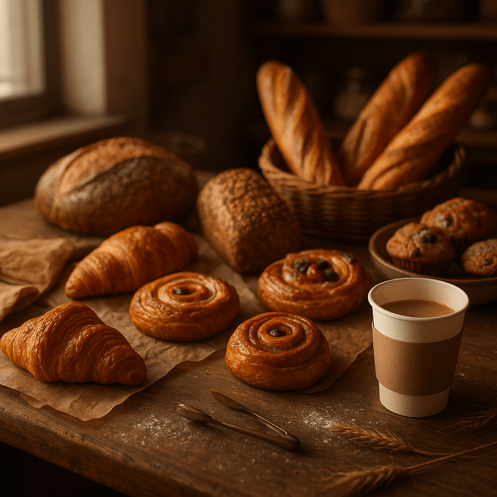 Warme Bäckereitheke mit Brot, Feingebäck und Kaffee zum Mitnehmen