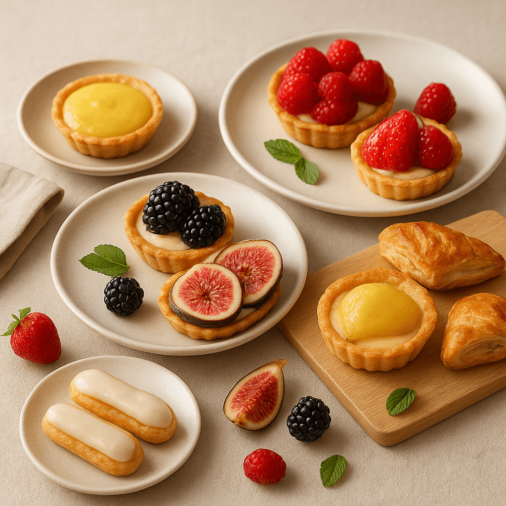 Saisonale Dessertauswahl mit Tartes und Gebäck